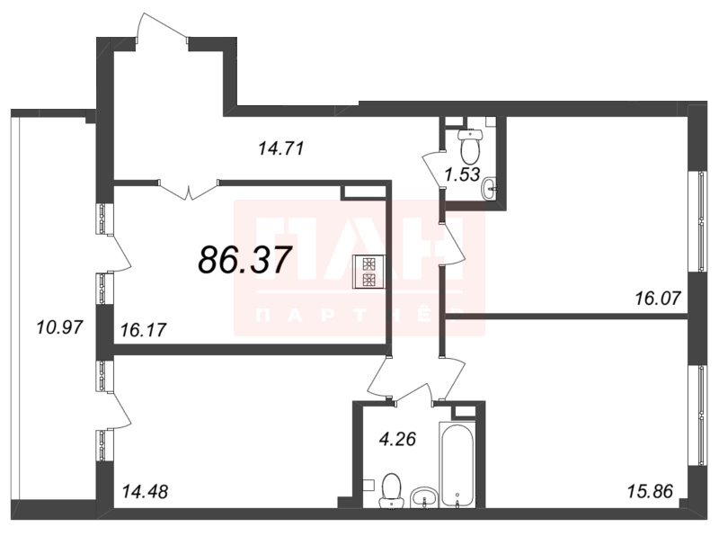 3-комнатная квартира  №298 в Neva Residence: 86.37 м², этаж 5 - купить в Санкт-Петербурге