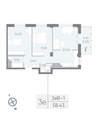 3-комнатная квартира  №39 в Neva Residence: 58.43 м², этаж 7 - купить в Санкт-Петербурге