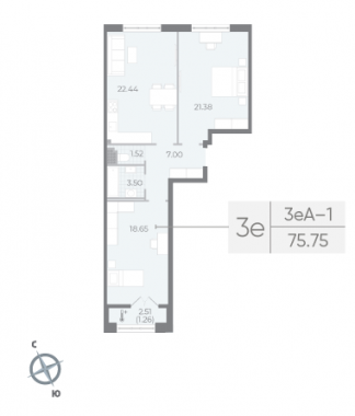 2-комнатная квартира  №75 в Neva Residence: 75.75 м², этаж 7 - купить в Санкт-Петербурге
