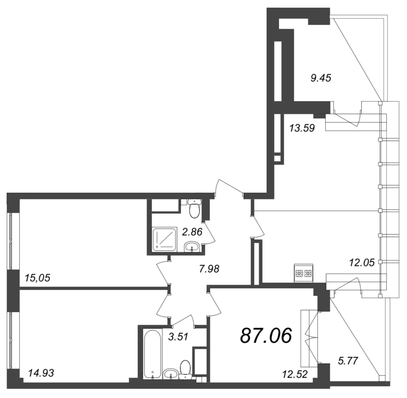 3-комнатная квартира  №92 в Neva Residence: 87.06 м², этаж 8 - купить в Санкт-Петербурге