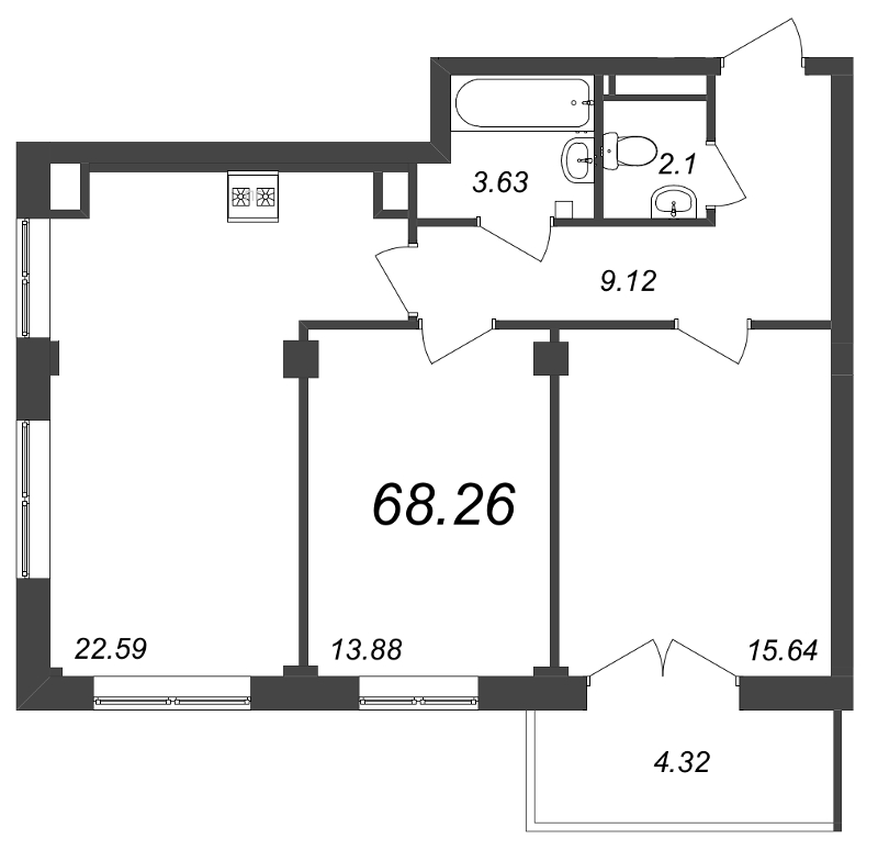 2-комнатная квартира  №34 в Neva Residence: 68.26 м², этаж 7 - купить в Санкт-Петербурге