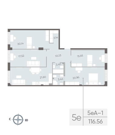 4-комнатная квартира  №43 в Neva Residence: 116.56 м², этаж 2 - купить в Санкт-Петербурге