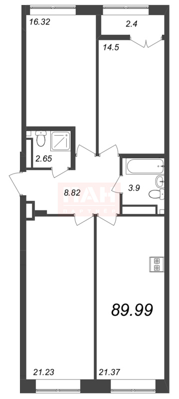 3-комнатная квартира  №276 в Neva Residence: 89.99 м², этаж 8 - купить в Санкт-Петербурге