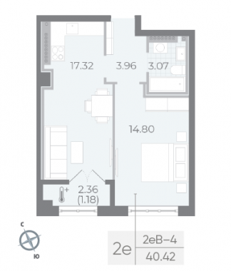 1-комнатная квартира  №82 в Neva Residence: 40.33 м², этаж 8 - купить в Санкт-Петербурге