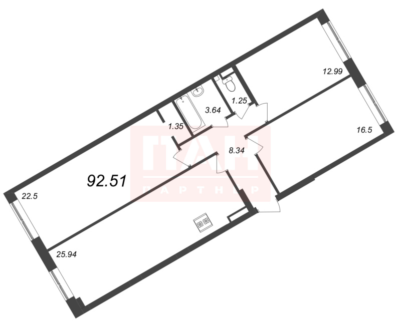 3-комнатная квартира  №222 в Neva Residence: 92.51 м², этаж 4 - купить в Санкт-Петербурге