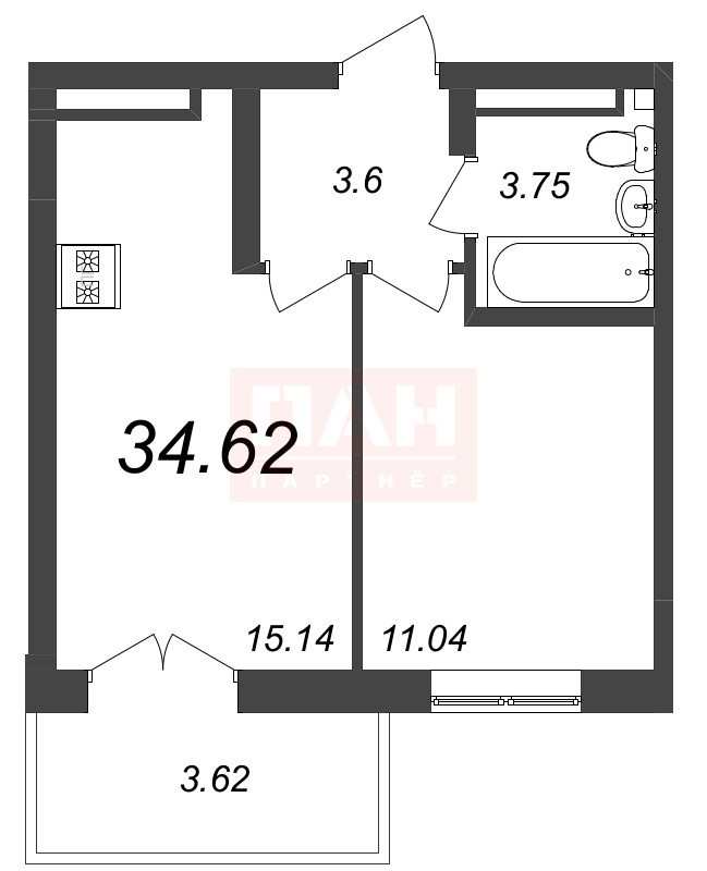 1-комнатная квартира  №60 в ЖК Ultra City ll: 34.62 м², этаж 7 - купить в Санкт-Петербурге