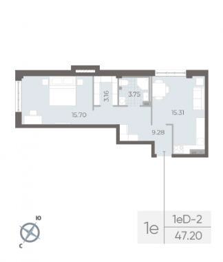 1-комнатная квартира  №287 в Neva Residence: 47.2 м², этаж 3 - купить в Санкт-Петербурге