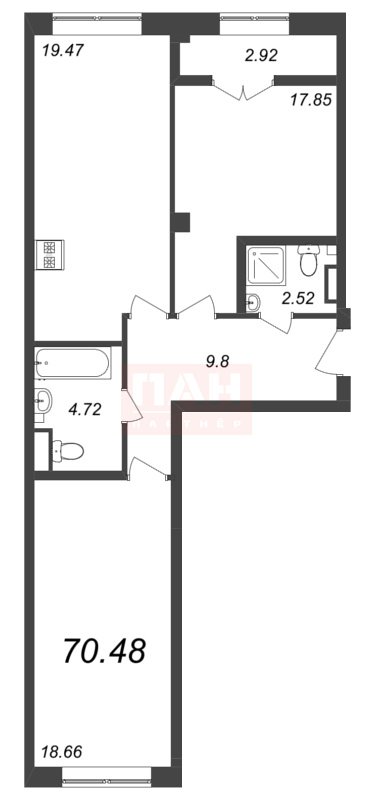 2-комнатная квартира  №296 в Neva Residence: 70.48 м², этаж 5 - купить в Санкт-Петербурге