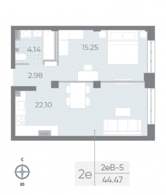 1-комнатная квартира  №112 в Neva Residence: 44.47 м², этаж 4 - купить в Санкт-Петербурге