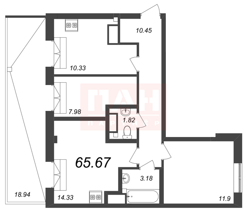 3-комнатная квартира  №106 в Neva Residence: 65.9 м², этаж 8 - купить в Санкт-Петербурге