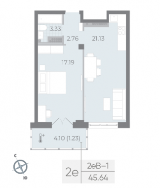 1-комнатная квартира  №36 в Neva Residence: 45.64 м², этаж 7 - купить в Санкт-Петербурге