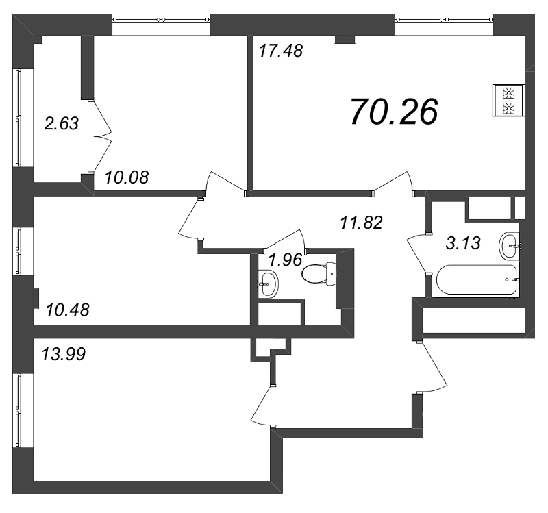 3-комнатная квартира, 70.26 м²; этаж: 7 - купить в Санкт-Петербурге