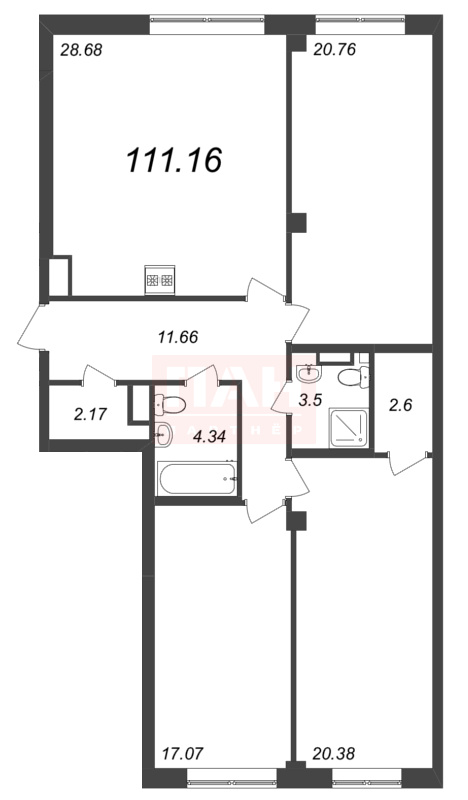 3-комнатная квартира  №236 в Neva Residence: 108.42 м², этаж 6 - купить в Санкт-Петербурге