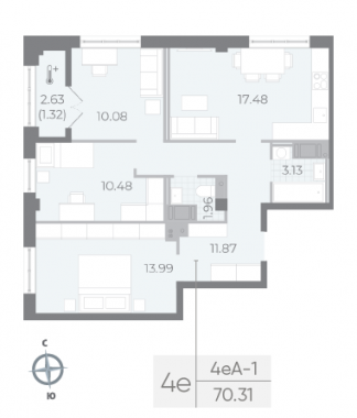 3-комнатная квартира  №27 в Neva Residence: 70.31 м², этаж 6 - купить в Санкт-Петербурге