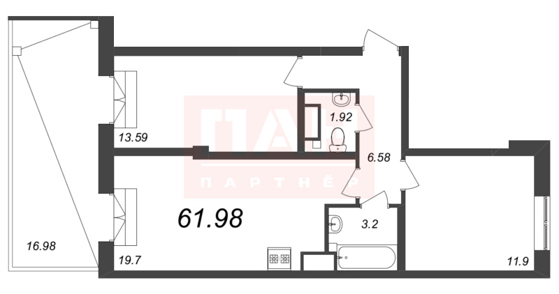 2-комнатная квартира  №103 в Neva Residence: 61.9 м², этаж 7 - купить в Санкт-Петербурге