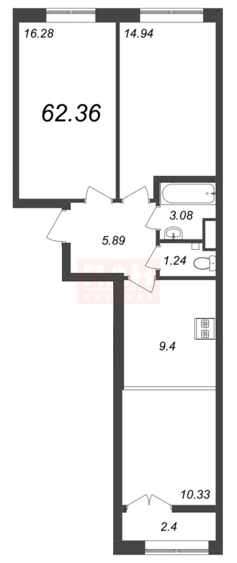 2-комнатная квартира  №194 в Neva Residence: 62.36 м², этаж 5 - купить в Санкт-Петербурге