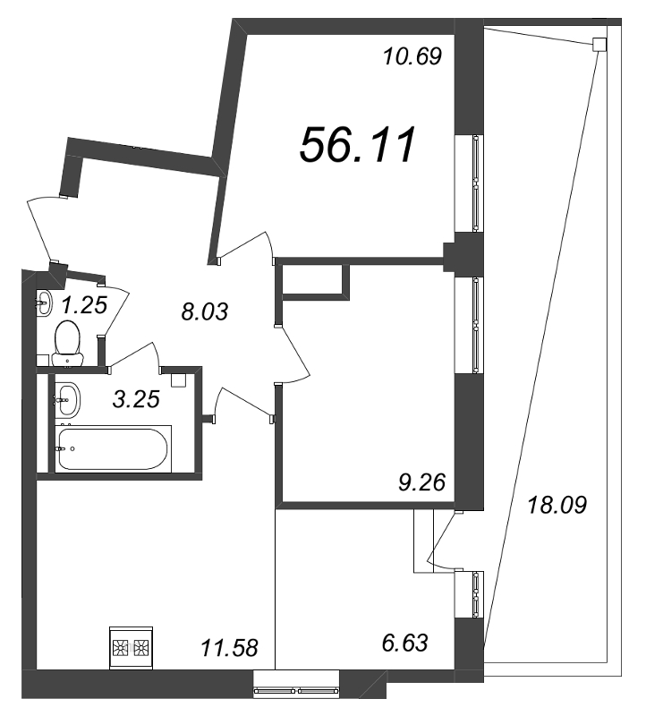 2-комнатная квартира  №71 в Neva Residence: 56.11 м², этаж 8 - купить в Санкт-Петербурге