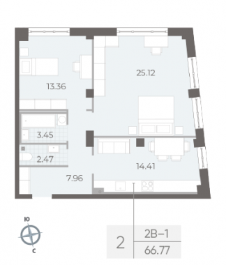 2-комнатная квартира  №170 в Neva Residence: 66.77 м², этаж 2 - купить в Санкт-Петербурге