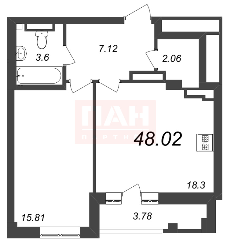 1-комнатная квартира  №309 в Neva Residence: 48.02 м², этаж 7 - купить в Санкт-Петербурге