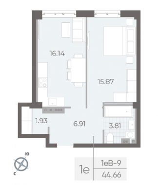 1-комнатная квартира  №286 в Neva Residence: 44.66 м², этаж 3 - купить в Санкт-Петербурге