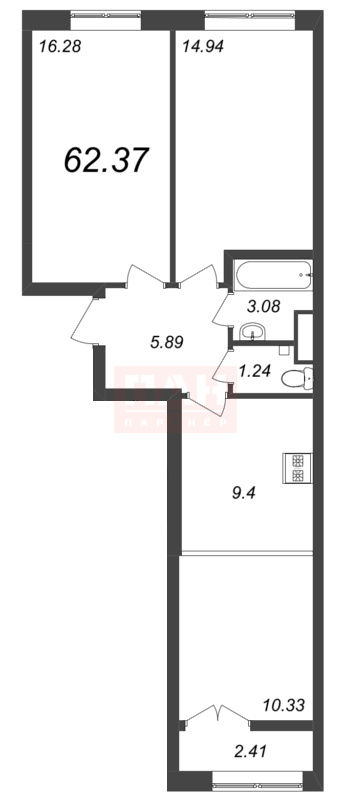2-комнатная квартира  №201 в Neva Residence: 62.37 м², этаж 6 - купить в Санкт-Петербурге