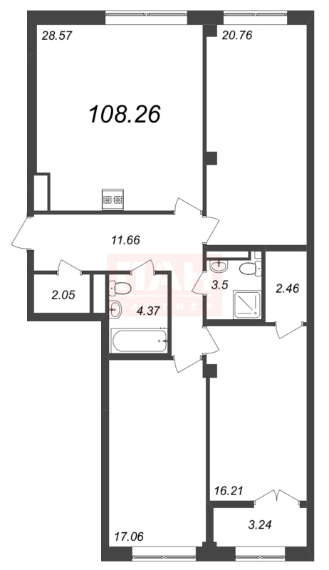 3-комнатная квартира  №241 в Neva Residence: 108.26 м², этаж 7 - купить в Санкт-Петербурге