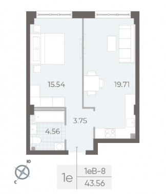 2-комнатная квартира  №247 в Neva Residence: 43.56 м², этаж 1 - купить в Санкт-Петербурге