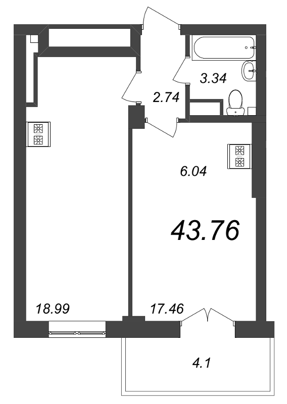 1-комнатная квартира  №32 в Neva Residence: 44.3 м², этаж 6 - купить в Санкт-Петербурге