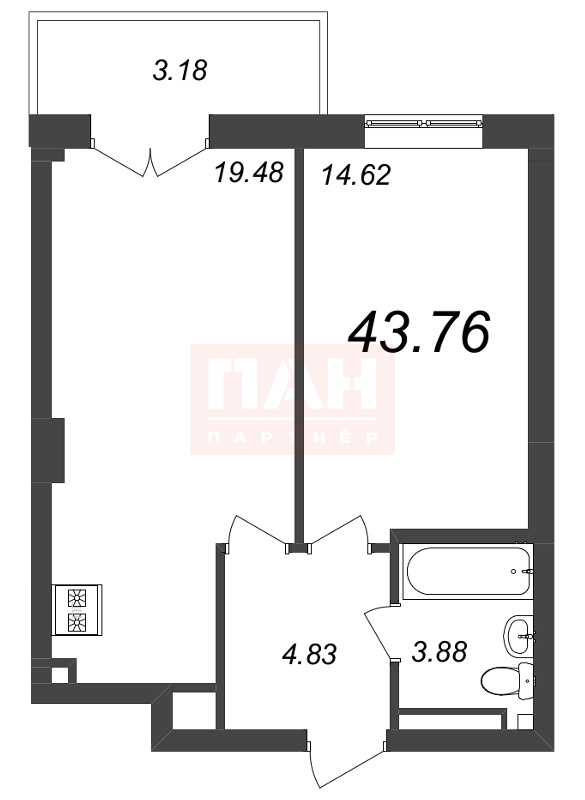 1-комнатная квартира  №65 в Neva Residence: 43.76 м², этаж 8 - купить в Санкт-Петербурге