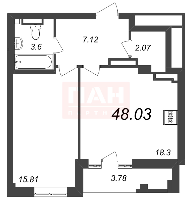 1-комнатная квартира  №303 в Neva Residence: 48.03 м², этаж 6 - купить в Санкт-Петербурге