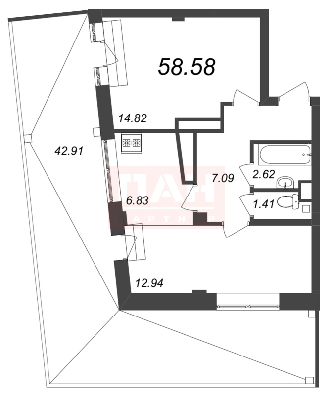 1-комнатная квартира  №203 в Neva Residence: 58.58 м², этаж 7 - купить в Санкт-Петербурге