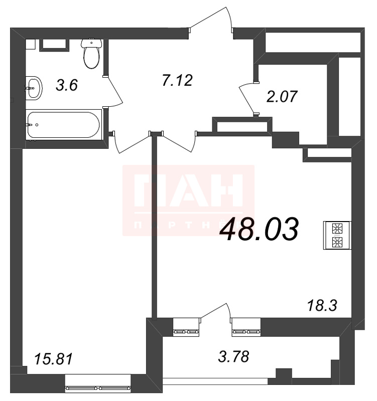 1-комнатная квартира  №291 в Neva Residence: 48.03 м², этаж 4 - купить в Санкт-Петербурге