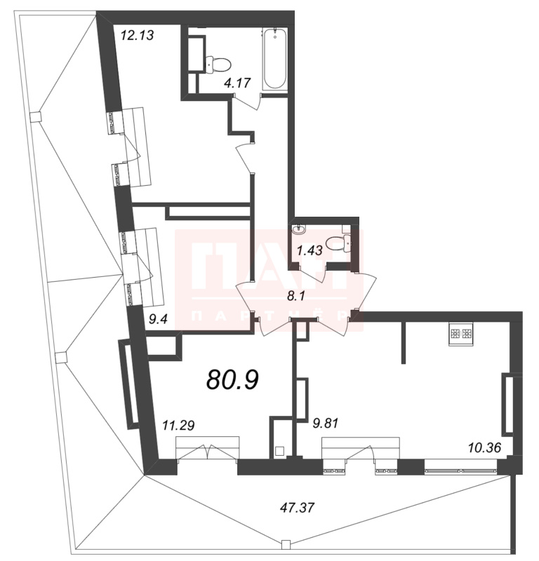 4-комнатная квартира  №206 в Лисичанская, 22: 80.9 м², этаж 8 - купить в Санкт-Петербурге