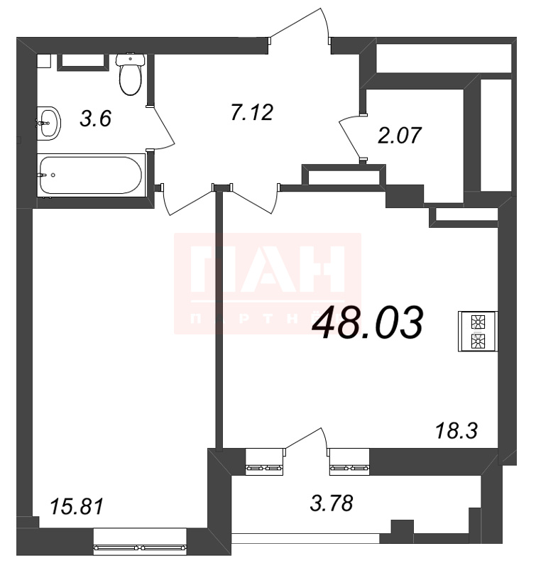 1-комнатная квартира  №297 в Neva Residence: 48.03 м², этаж 5 - купить в Санкт-Петербурге