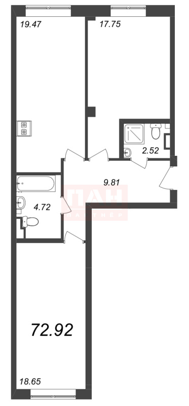 2-комнатная квартира  №290 в Neva Residence: 72.92 м², этаж 4 - купить в Санкт-Петербурге
