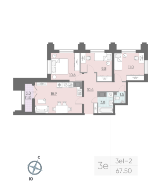 3-комнатная квартира  №579 в Цивилизация на Неве: 67.5 м², этаж 21 - купить в Санкт-Петербурге