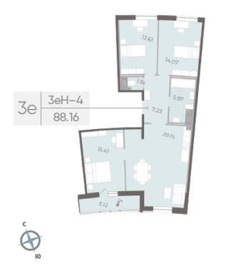 3-комнатная квартира  №151 в Миръ: 88.16 м², этаж 14 - купить в Санкт-Петербурге