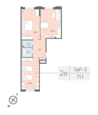 2-комнатная квартира  №364 в Цивилизация на Неве: 71.1 м², этаж 2 - купить в Санкт-Петербурге