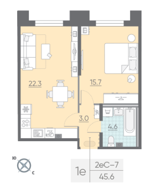 1-комнатная квартира  №477 в Лисичанская, 22: 45.6 м², этаж 2 - купить в Санкт-Петербурге