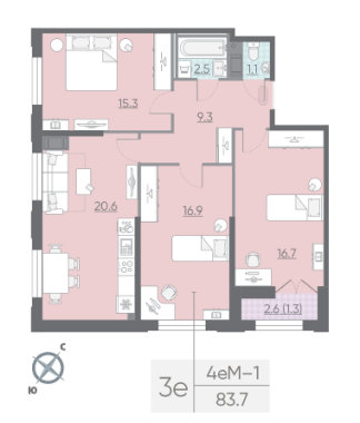 3-комнатная квартира  №1114 в Цивилизация на Неве: 83.7 м², этаж 13 - купить в Санкт-Петербурге