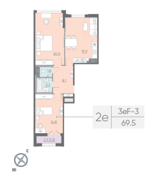 2-комнатная квартира  №416 в Лисичанская, 22: 69.5 м², этаж 13 - купить в Санкт-Петербурге
