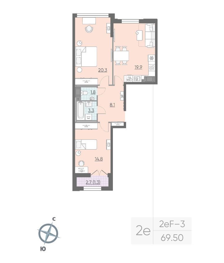 2-комнатная квартира  №408 в Цивилизация на Неве: 69.5 м², этаж 11 - купить в Санкт-Петербурге