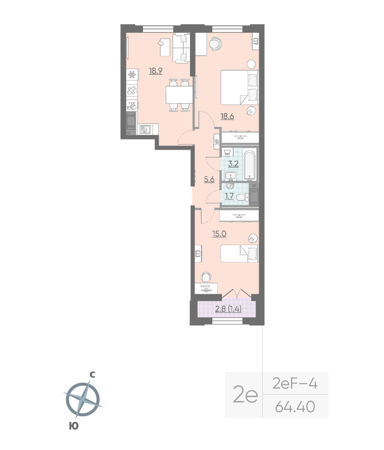 2-комнатная квартира  №299 в Лисичанская, 22: 64.4 м², этаж 15 - купить в Санкт-Петербурге