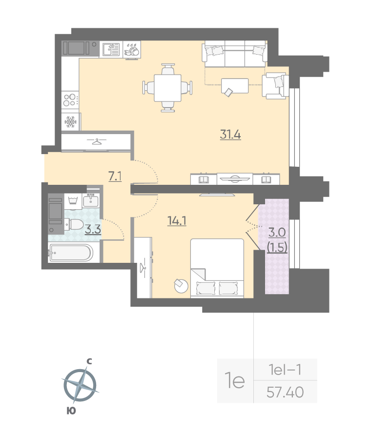 1-комнатная квартира  №595 в Лисичанская, 22: 57.4 м², этаж 23 - купить в Санкт-Петербурге