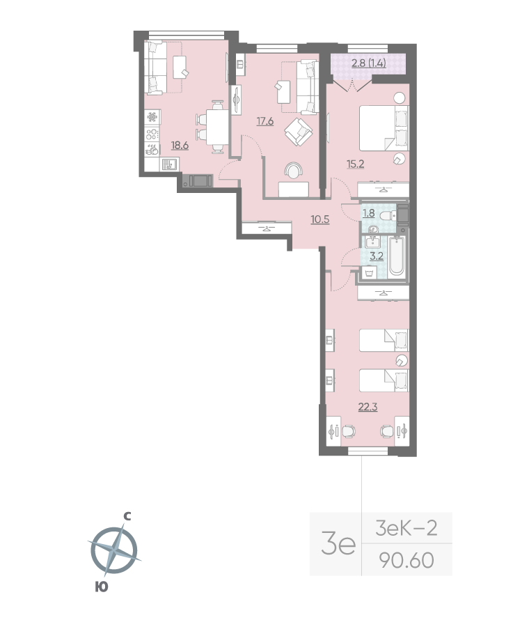 3-комнатная квартира  №399 в Цивилизация на Неве: 90.6 м², этаж 8 - купить в Санкт-Петербурге