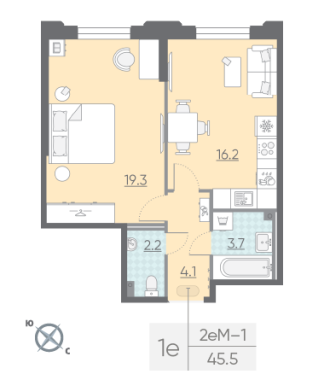 1-комнатная квартира  №9 в Цивилизация на Неве: 45.5 м², этаж 2 - купить в Санкт-Петербурге