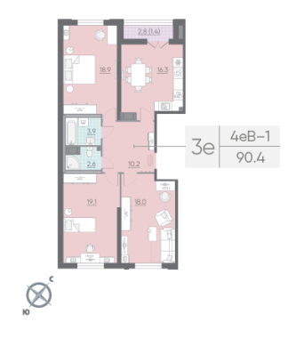 3-комнатная квартира  №717 в Цивилизация на Неве: 90.4 м², этаж 15 - купить в Санкт-Петербурге