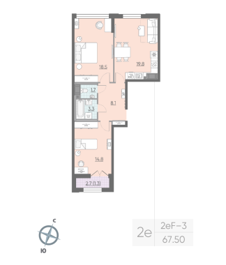 2-комнатная квартира  №424 в Цивилизация на Неве: 67.5 м², этаж 15 - купить в Санкт-Петербурге