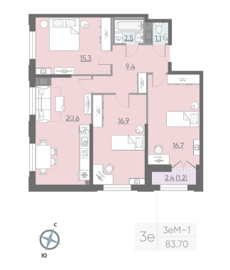 3-комнатная квартира  №1109 в Цивилизация на Неве: 83.7 м², этаж 12 - купить в Санкт-Петербурге