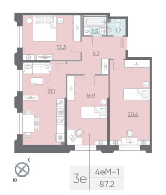 3-комнатная квартира  №1055 в Цивилизация на Неве: 87.2 м², этаж 2 - купить в Санкт-Петербурге